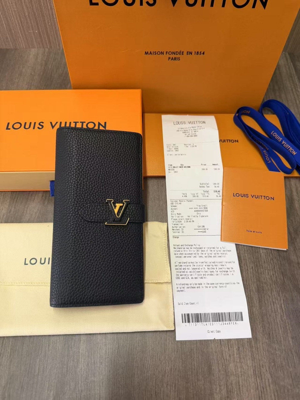 Louis Vuitton Black Pebbled Leather Long Wallet with Gold LV Emblem - Picture 15 of 16